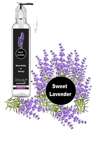 Aneway® Mani+Pedi™ CARE - Nourishing Oil - 4 Fl. Oz. Crystal Clear Bottle - Elegant Silver Pump Top Dispenser - Sweet Lavender (EO)