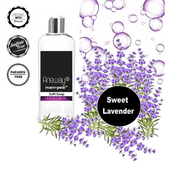 Aneway® Mani + Pedi™ CARE - Botanical Infused, Liquid Soft Soap - 8 Fl. Oz. Crystal Clear Bottle - Sweet Lavender (EO) - Sulfate-Free