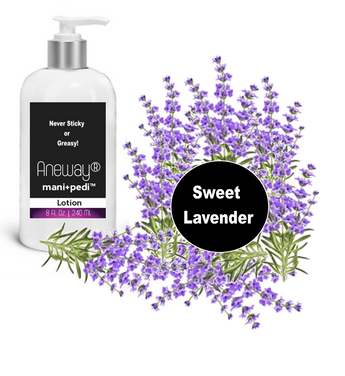 Aneway® Mani + Pedi™ CARE - Hand & Body Lotion -  8 Oz. Crystal Clear Bottle - Pump Top Dispenser - Sweet Lavender (E.O.). Never Sticky or Greasy!